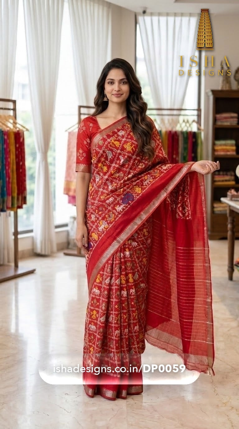 Woman wearing the Red Patola Elephant Mangalagiri silk cotton saree with patola elephants, figures and birds (2) (DP-0059)