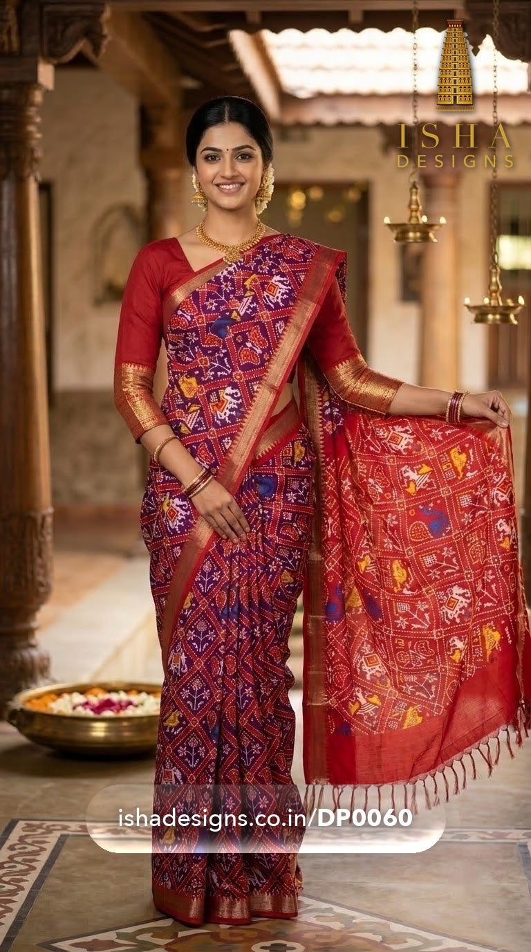 Woman wearing the Purple Red Patola Mangalagiri silk cotton saree with patola elephants, parrots and figures (DP-0060)