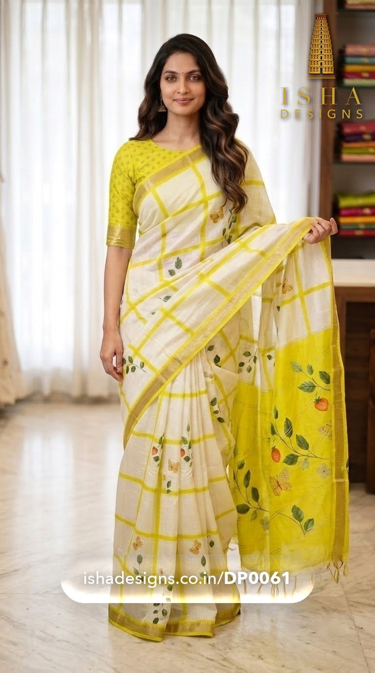 Woman wearing the Ivory Lime Check Leaf Mangalagiri silk cotton saree with lime window-pane checks with painted leaves and butterflies (2) (DP-0061)
