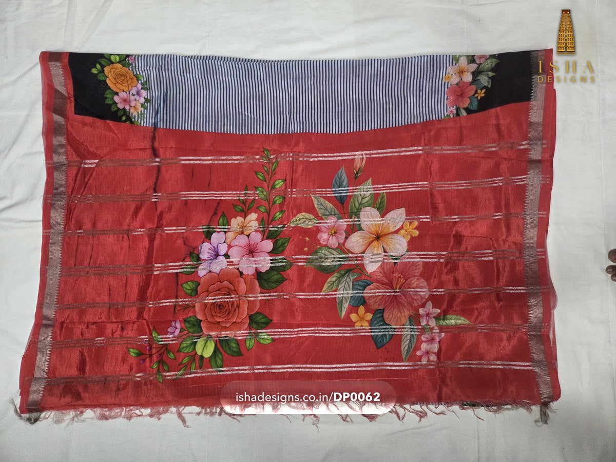 Woman wearing the Grey Stripe Red Rose Mangalagiri silk cotton saree with pin-stripes with a rose border and a bouquet pallu (3) (DP-0062)