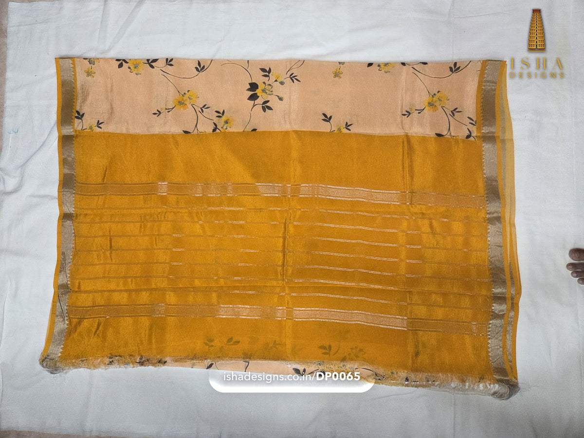 Woman wearing the Peach Mustard Blossom Mangalagiri silk cotton saree with trailing yellow and black blossom branches (3) (DP-0065)