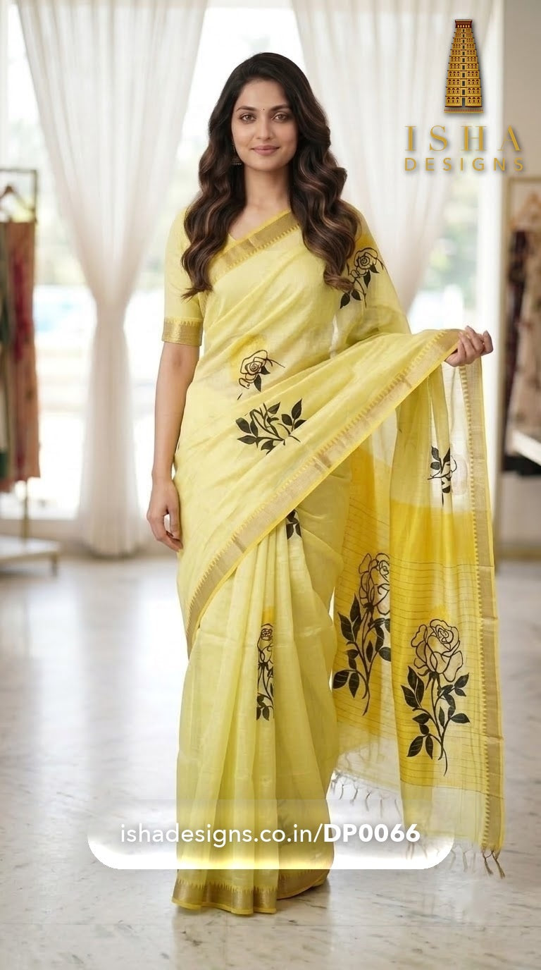 Woman wearing the Lemon Black Rose Mangalagiri silk cotton saree with black-and-gold rose sprays (2) (DP-0066)