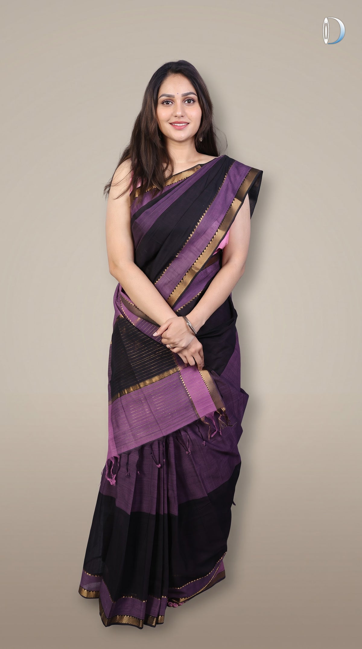 Mangalagiri Cotton Saree - Black and violet zari border (ISHA-KF017081) (MG-0002)