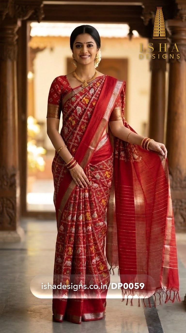 Woman wearing the Red Patola Elephant Mangalagiri silk cotton saree with patola elephants, figures and birds (DP-0059)