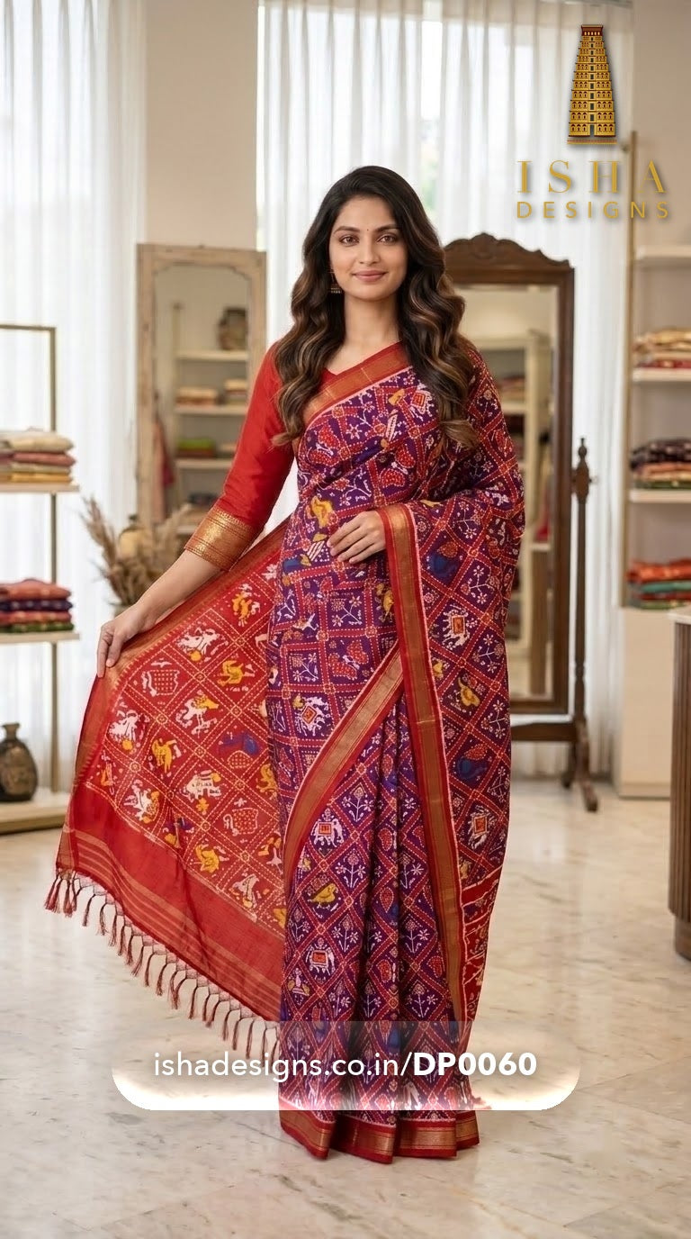 Woman wearing the Purple Red Patola Mangalagiri silk cotton saree with patola elephants, parrots and figures (2) (DP-0060)