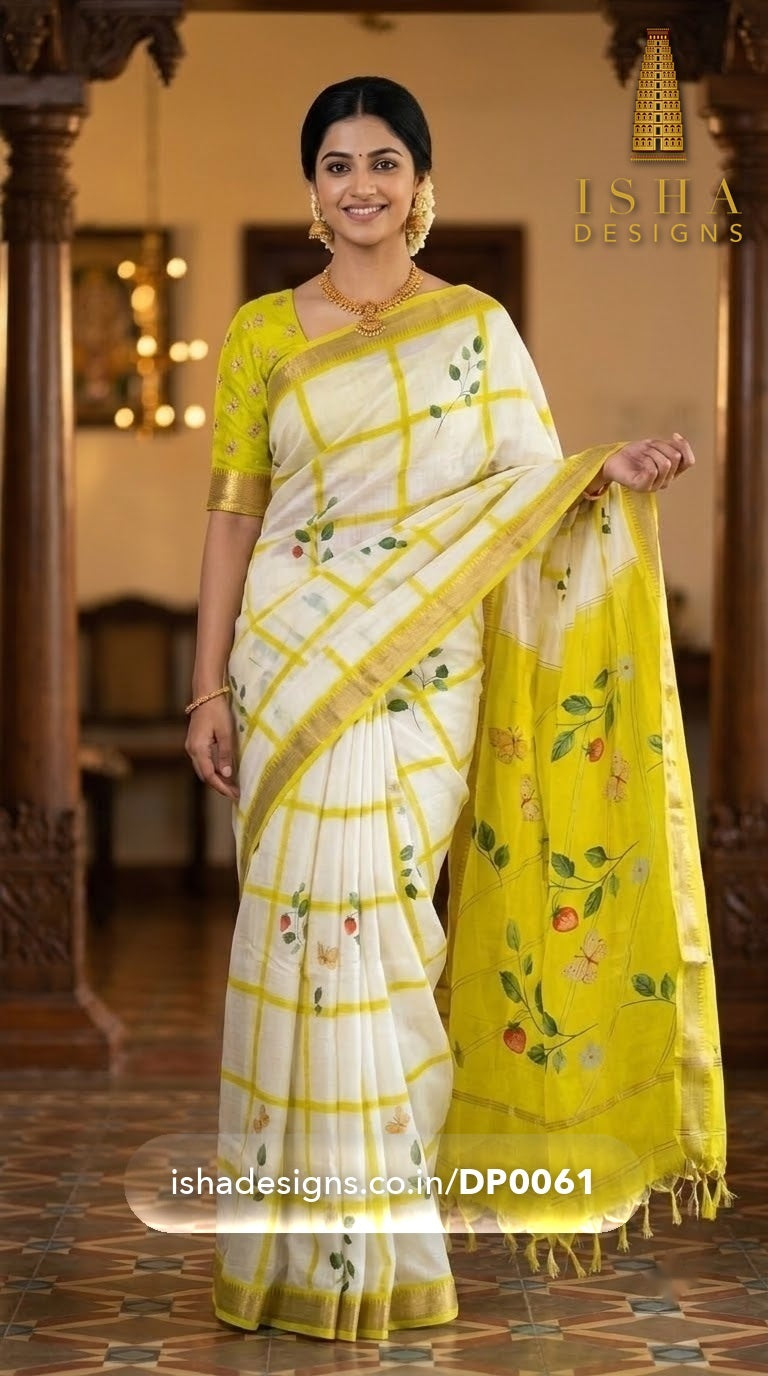Woman wearing the Ivory Lime Check Leaf Mangalagiri silk cotton saree with lime window-pane checks with painted leaves and butterflies (DP-0061)
