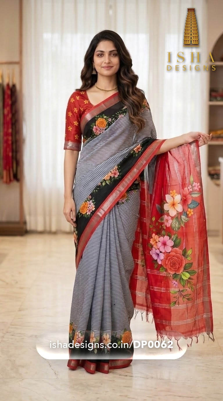 Woman wearing the Grey Stripe Red Rose Mangalagiri silk cotton saree with pin-stripes with a rose border and a bouquet pallu (2) (DP-0062)