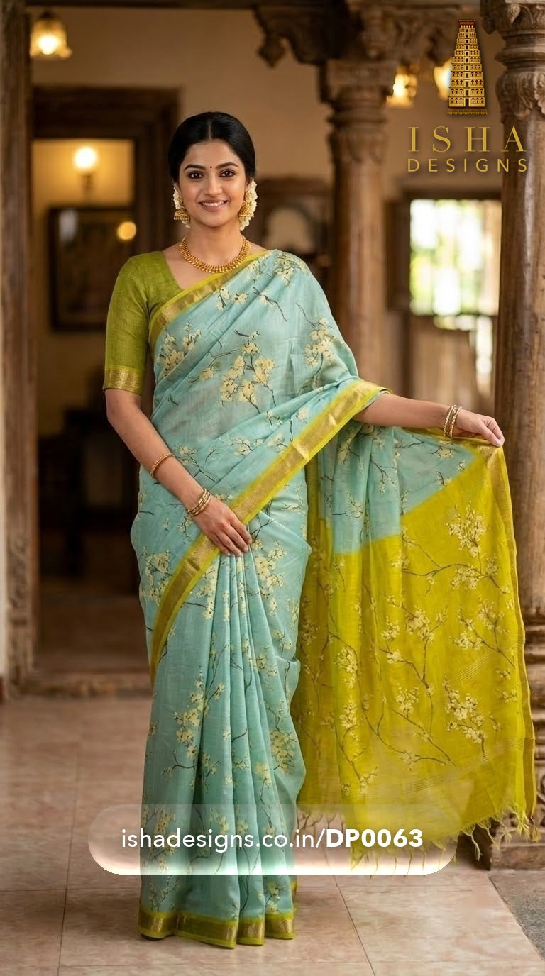 Woman wearing the Teal Cherry Blossom Olive Mangalagiri silk cotton saree with cream cherry blossom branches (DP-0063)