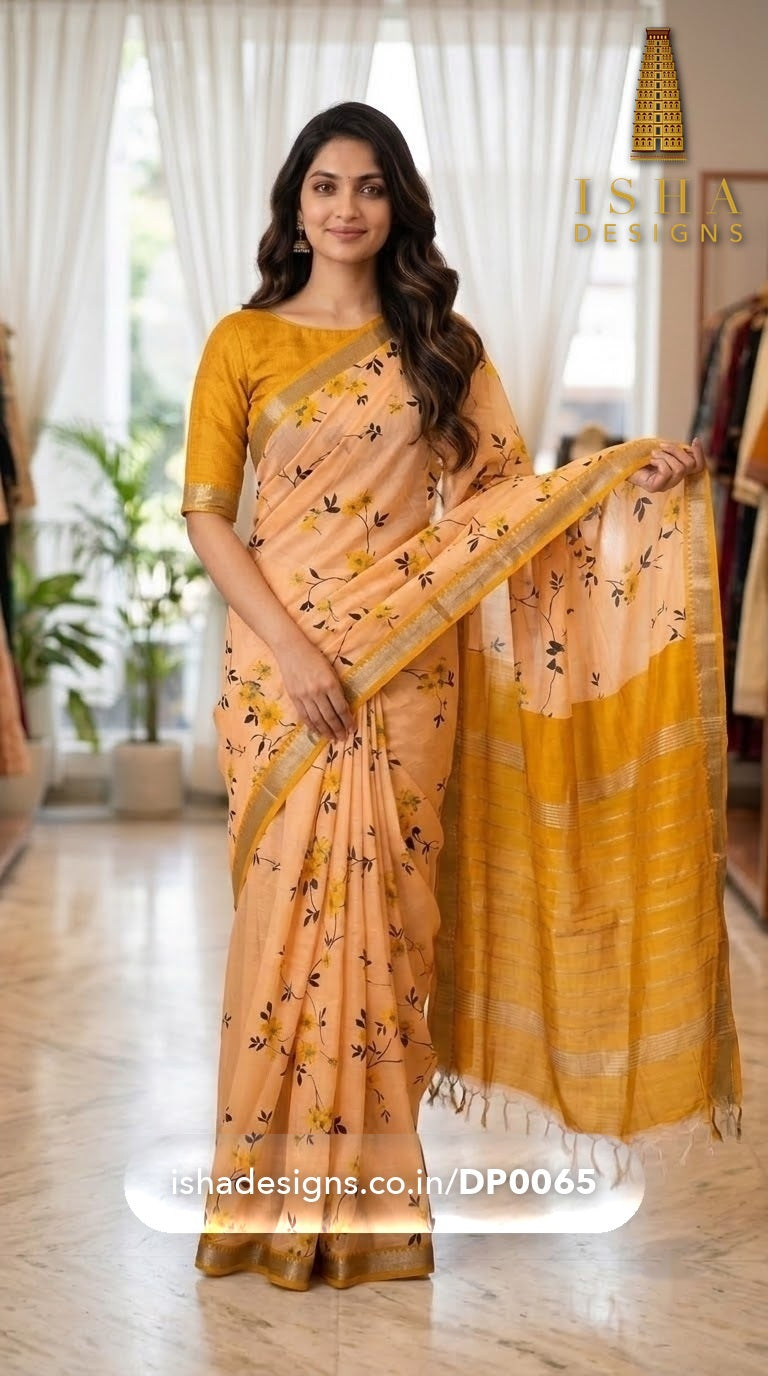 Woman wearing the Peach Mustard Blossom Mangalagiri silk cotton saree with trailing yellow and black blossom branches (2) (DP-0065)