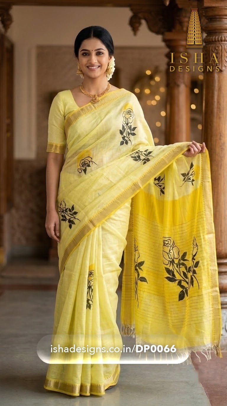 Woman wearing the Lemon Black Rose Mangalagiri silk cotton saree with black-and-gold rose sprays (DP-0066)