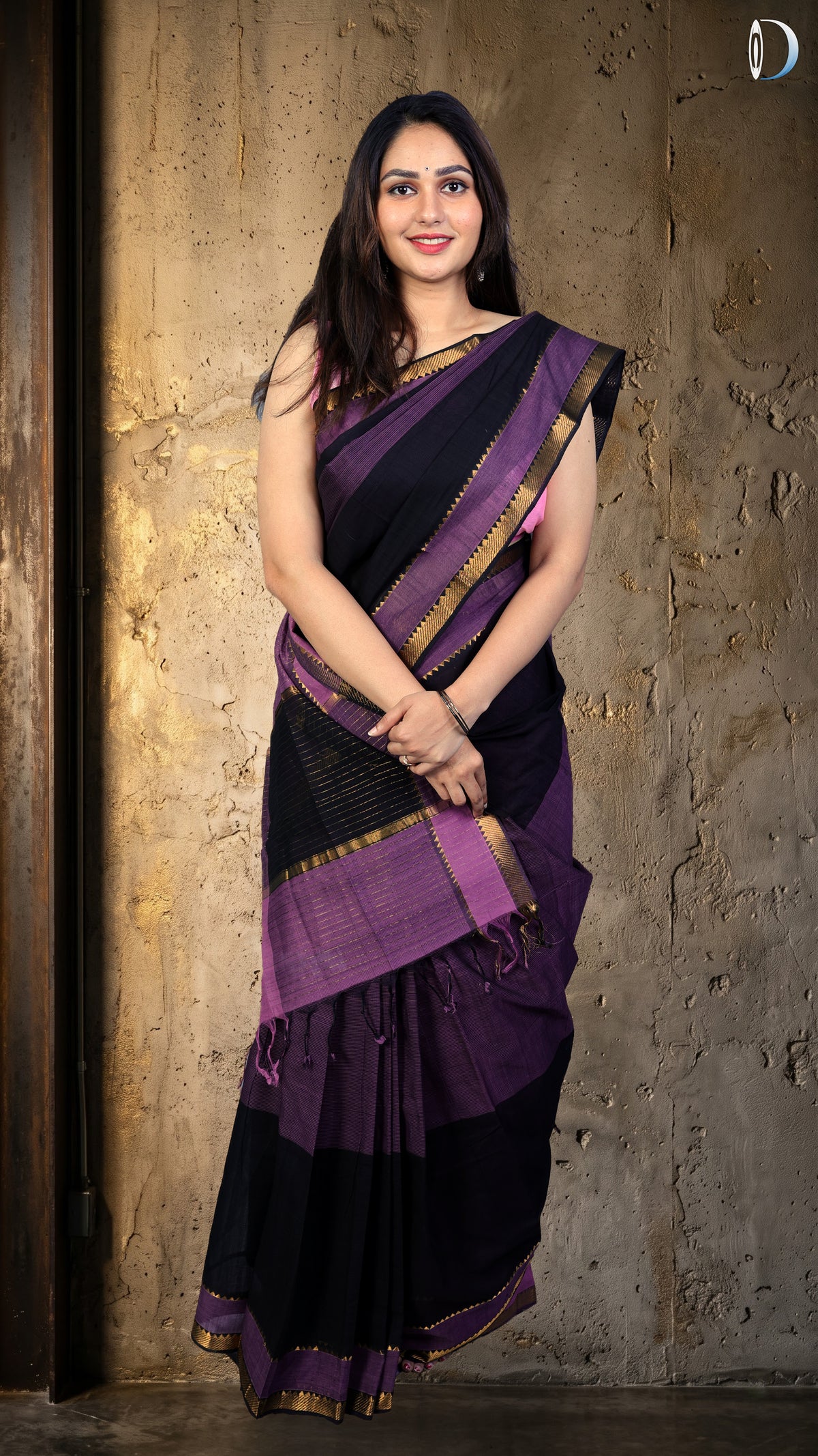 Mangalagiri Cotton Saree - Black and violet zari border (ISHA-KF017081) (MG-0002)