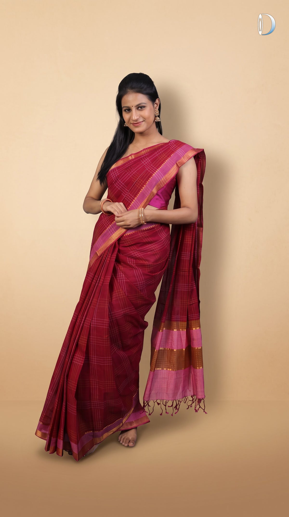 Mangalagiri Cotton Saree - Maroon and Pink Border (ISHA-KF017151) (MG-0049)