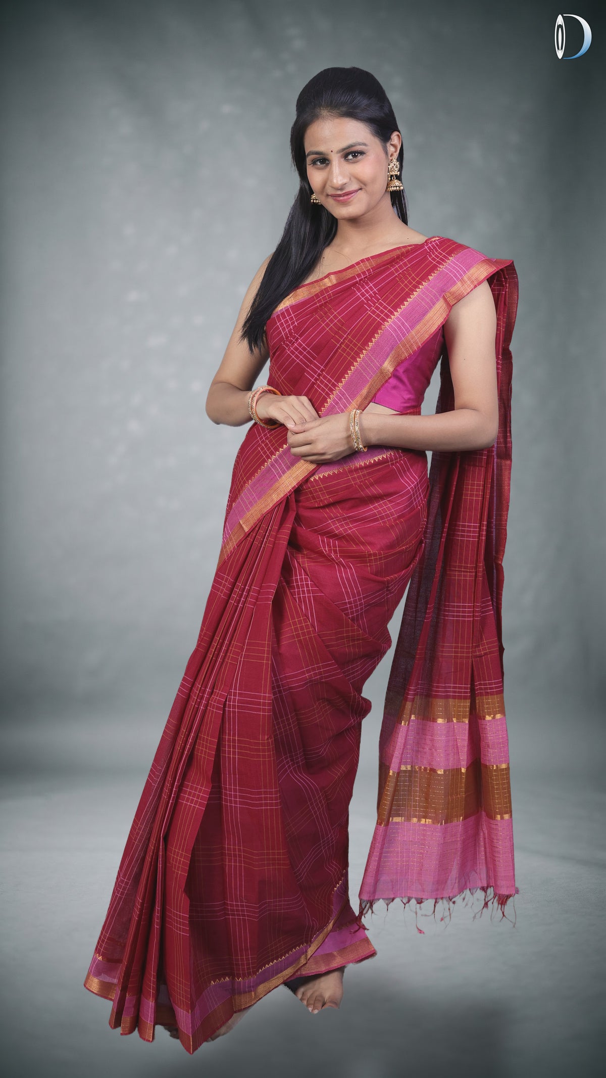Mangalagiri Cotton Saree - Maroon and Pink Border (ISHA-KF017151) (MG-0049)